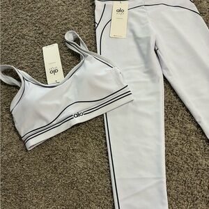 ALO Yoga White & Black Striped Sports Bra and Leggings Set